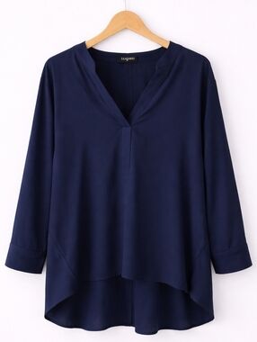 Eloquii Navy Blouse Women’s Plus Size V-Neck Layered Hem Long Sleeve Top
